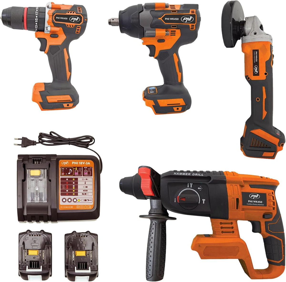 PNI WK450 - Set de herramientas eléctricas 18 V sin escobillas - 2 baterías de litio 5,0 Ah - Cargador incluido para trabajos domésticos y profesionales