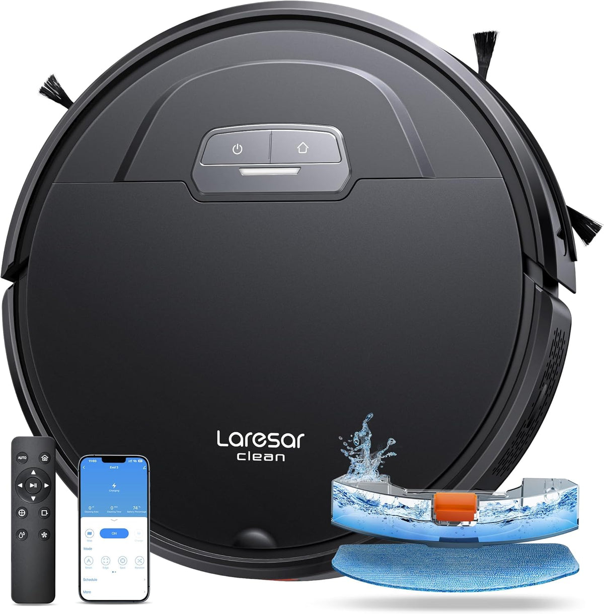 Laresar Clean Evol 3 robot aspirador y fregasuelos - Succión 4500 Pa y limpieza 3 en 1 - Autonomía hasta 180 minutos - Alexa WiFi app y base de carga automática