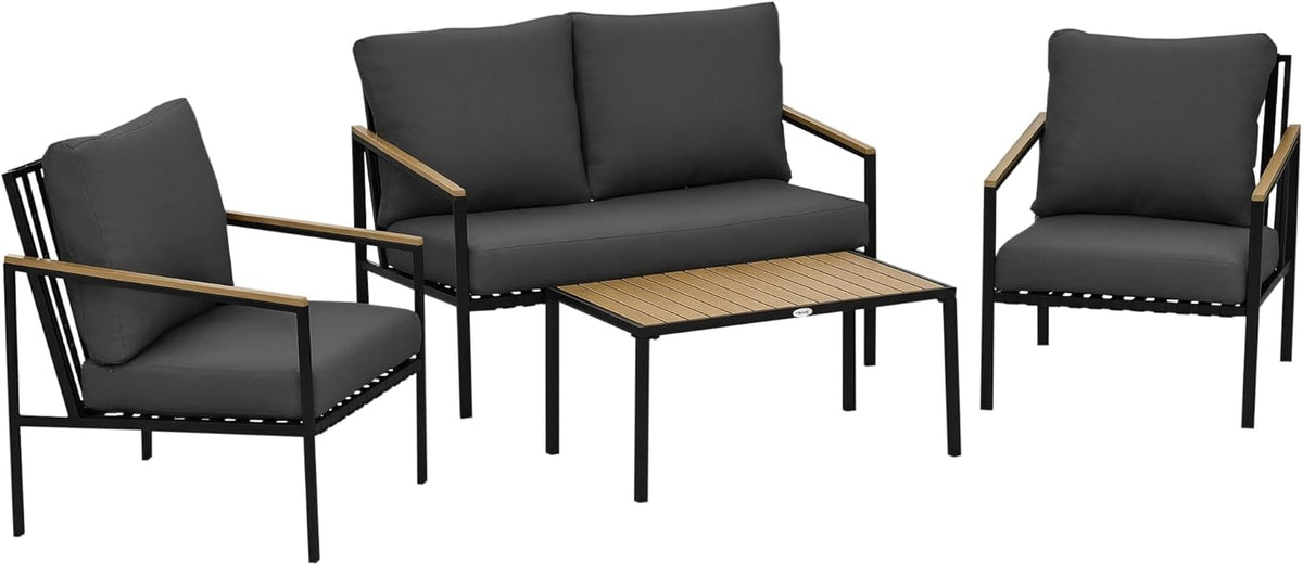 Outsunny Conjunto de jardín 4 piezas - Acero y poliéster con sofá de 2 plazas 2 sillones mesa y 8 cojines - 116 x 70 x 78 cm - Negro y gris oscuro para 4 personas