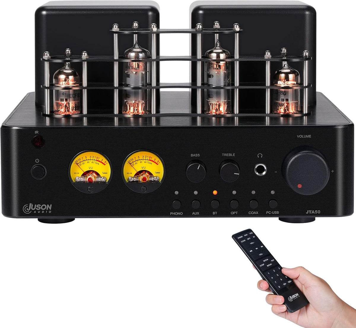 Juson Audio JTA50 Amplificador HiFi de válvulas - Potencia de salida de 130 W y sistema de 2.1 canales - Bluetooth 5.0 Phono AUX Coaxial y USB - Control remoto con salida para subwoofer