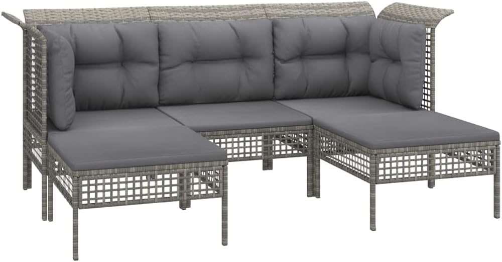 vidaXL Conjunto de jardín 5 piezas - Ratán sintético con cojines y módulos de sofá - 2 esquinas módulos centrales y 2 reposapiés - Gris con montaje requerido