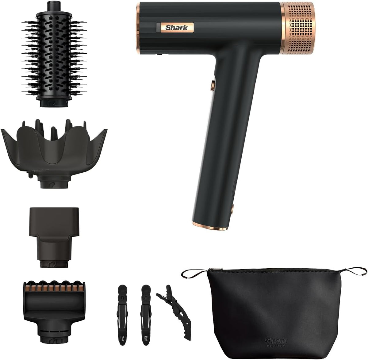 Shark SpeedStyle HD353BKEU secador de pelo - Potencia de 1700 W con RapidGloss Finisher - Cinco moldeadores para todo tipo de cabello - Estuche y pinzas en negro y cobre