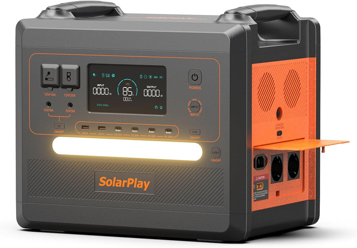 SolarPlay Q2402M Estación de energía portátil - Batería LiFePO4 de 2304 Wh con salida de 2500 W - UPS y carga solar máxima de 500 W - 14 puertos para camping hogar y autocaravana