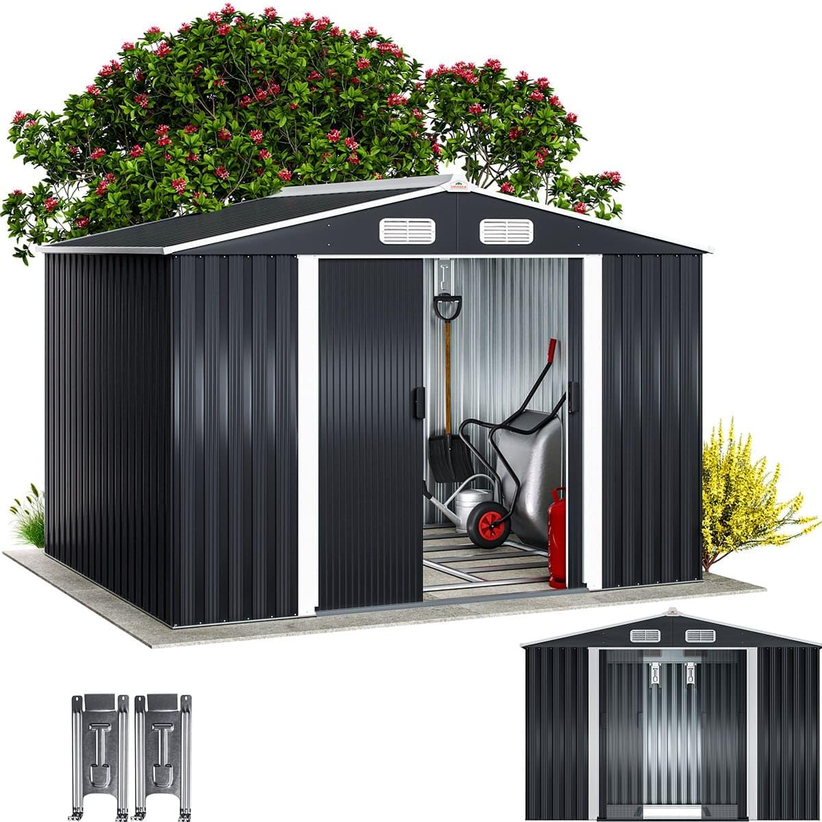 GARDEBRUK Caseta metálica de jardín 5 m2 - Acero galvanizado antracita con base - Cobertizo 257 x 205 x 178 cm - Ganchos para herramientas y almacenaje exterior