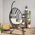 Home Garden Silla Colgante Huevo Beige de Ratán con Soporte de Acero - Sillón Suspendido para Jardín Balcón y Terraza - Asiento Exterior Decorativo