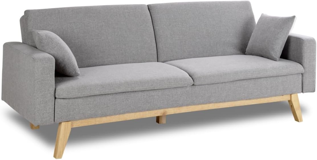 Don Descanso Reine sofá cama 3 plazas - Tapizado en tela gris claro - Apertura de libro clic clac con 2 cojines - Sofá 206 x 73 x 80 cm y cama 180 x 100 cm