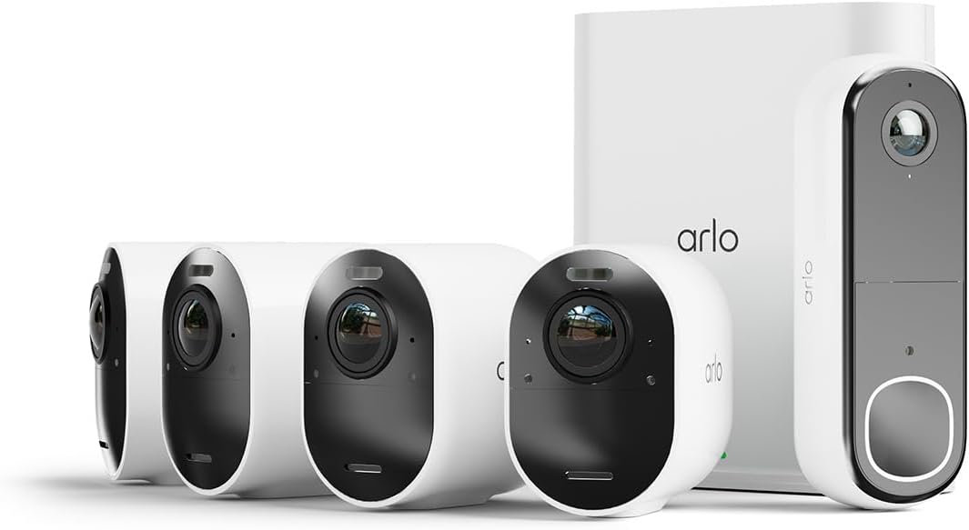 Arlo Ultra 2 kit de vigilancia con videoportero - Cuatro cámaras WiFi 4K y una cámara FHD - Visión nocturna y audio bidireccional - Acabado blanco para hogar