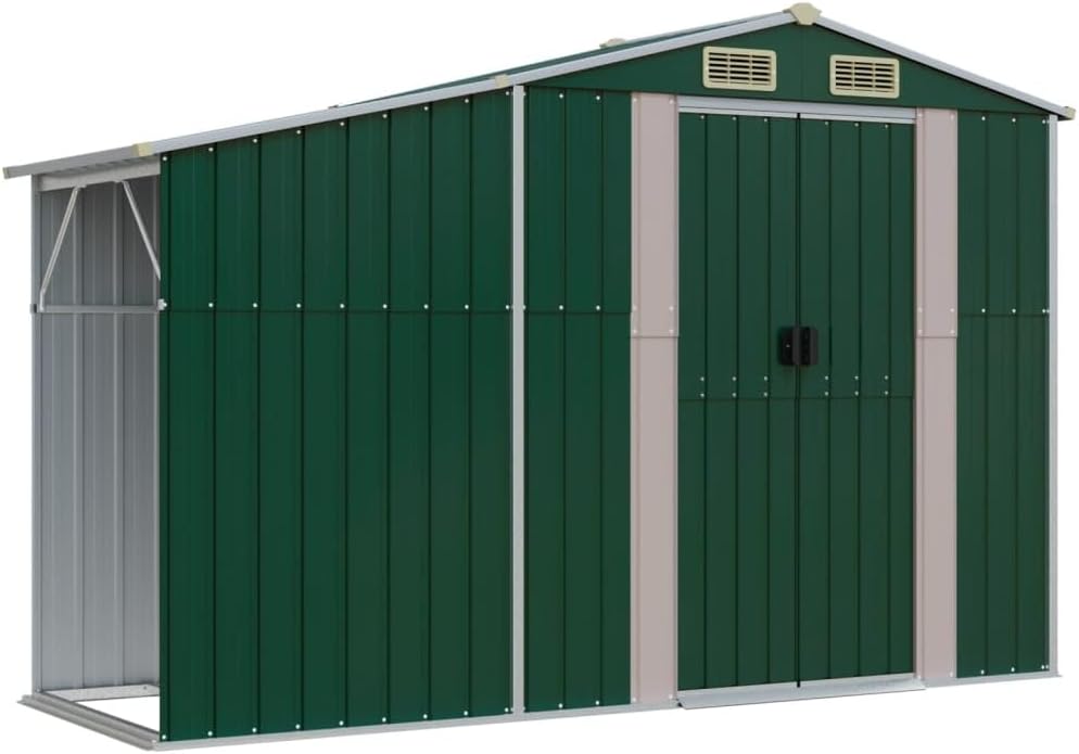 vidaXL Cobertizo de Jardín Verde de Acero Galvanizado - Caseta Exterior con Almacenamiento para Herramientas y Leña - Diseño Moderno