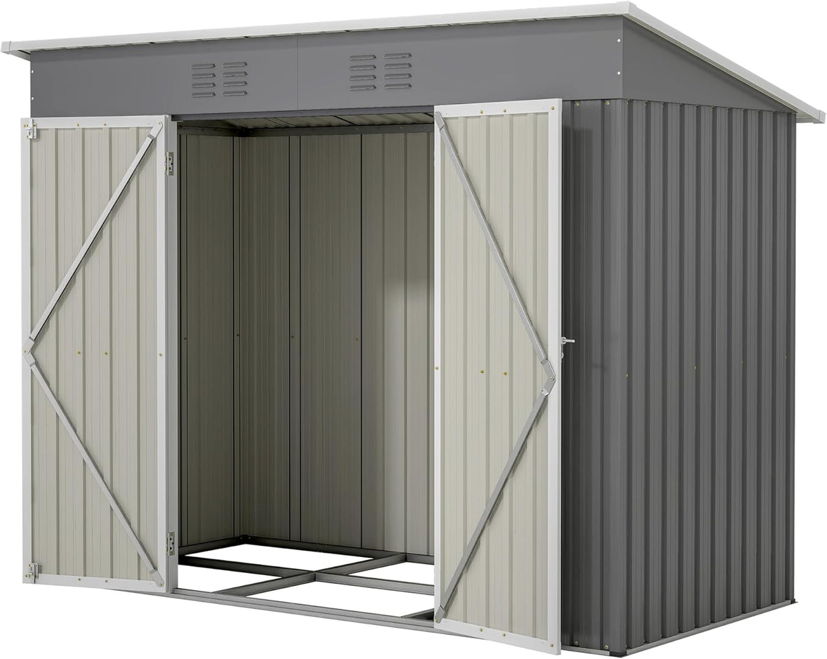 Caseta metálica de jardín - 229 x 111 x 182 cm con techo a dos aguas - Base metálica sin suelo y puertas batientes - Cobertizo gris para herramientas exterior