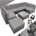 TecTake conjunto de jardín de ratán 8 piezas - 6 sillones mesa y taburete - Cojines y estructura de acero - Resistente a la intemperie gris