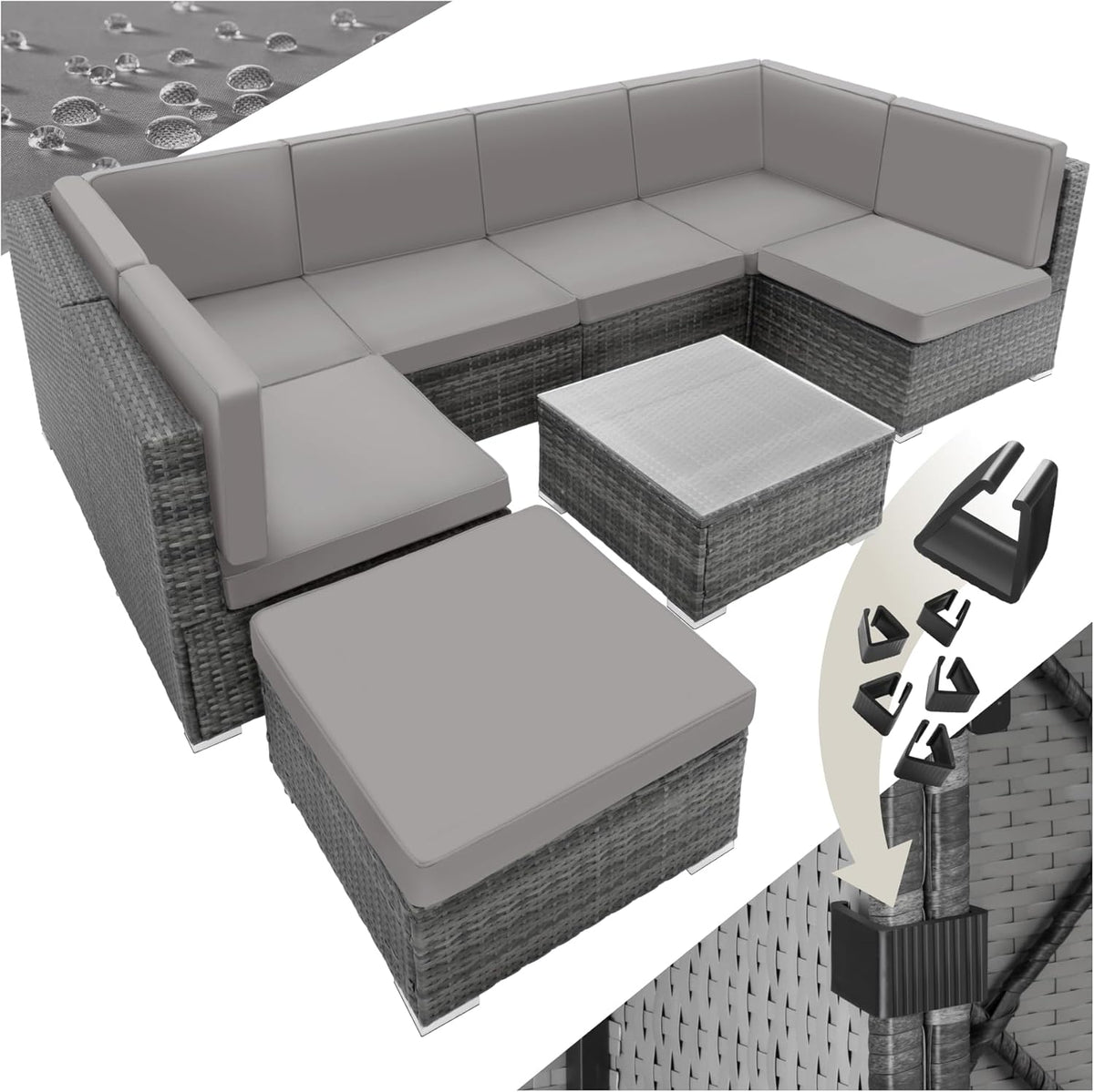 TecTake conjunto de jardín de ratán 8 piezas - 6 sillones mesa y taburete - Cojines y estructura de acero - Resistente a la intemperie gris