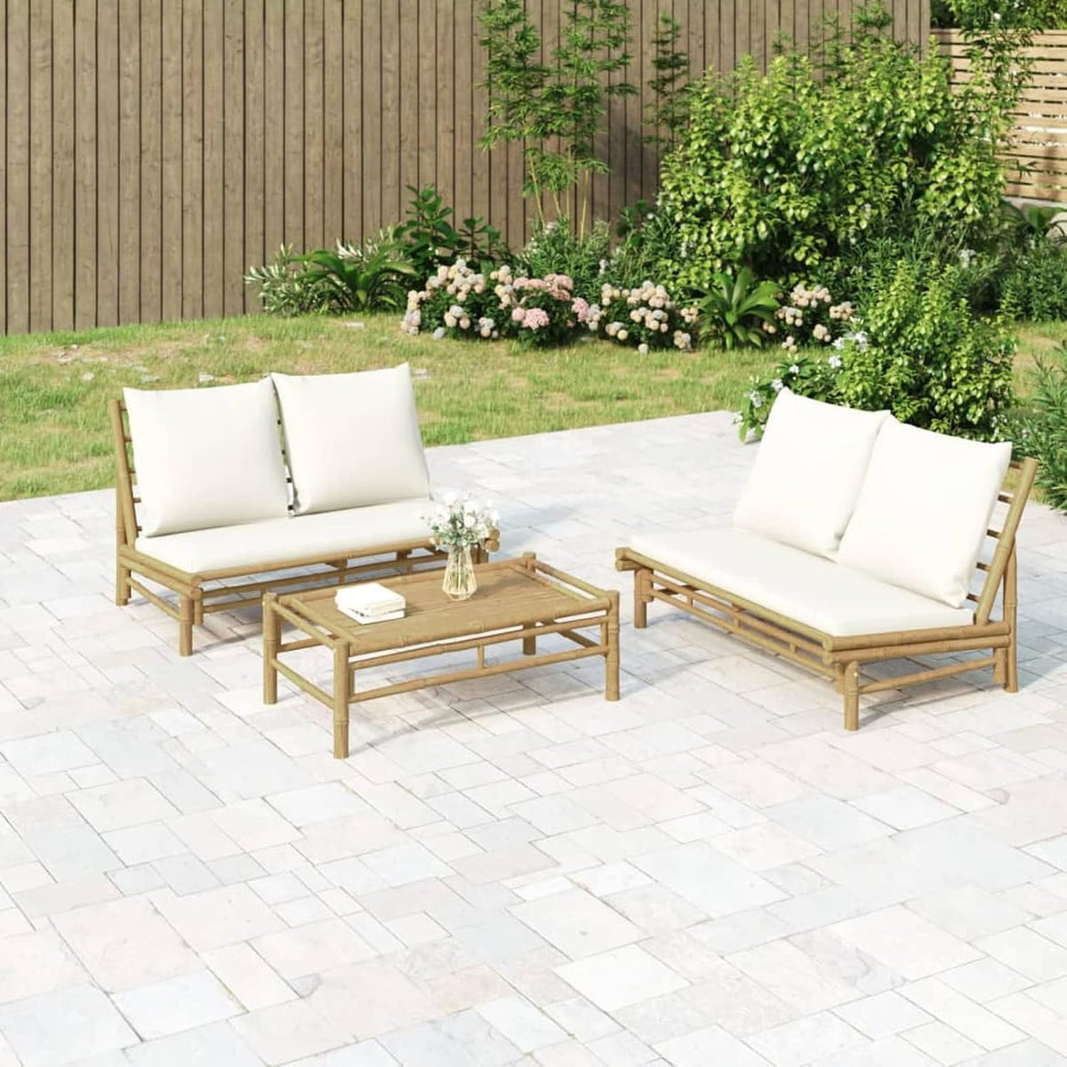 ZEYUAN conjunto de jardín de bambú 2 piezas - Muebles de exterior con cojines - Medidas 115 x 85,5 x 73,5 cm - Para terraza y zona chill out crema