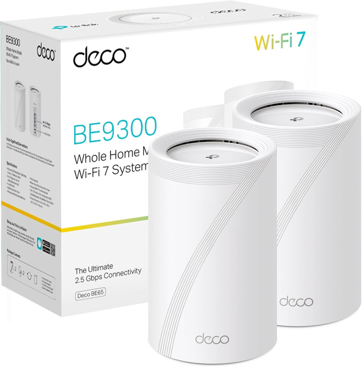 TP-Link Deco BE65 sistema Mesh WiFi 7 - BE11000 tribanda con velocidad combinada de hasta 11 Gbps - Cuatro puertos 2.5G - Pack de dos unidades con HomeShield