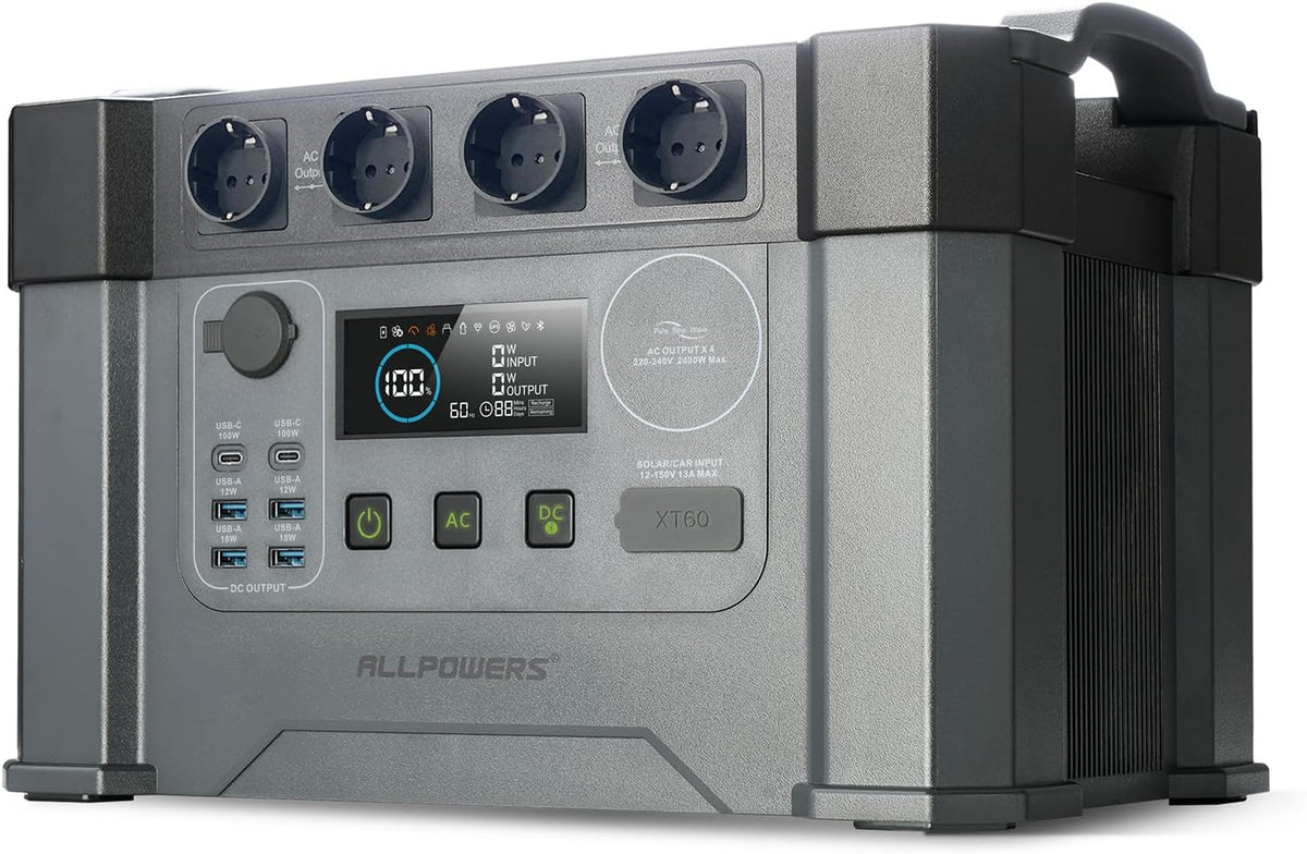 ALLPOWERS S2000 Pro Estación de energía portátil - Batería LiFePO4 de 1451 Wh y salida de 2400 W - 4 tomas CA con MPPT y SAI inferior a 15 ms - Para camping hogar y autocaravana