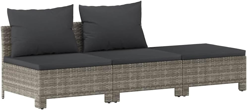vidaXL Conjunto de jardín 3 piezas - Ratán sintético con cojines y módulos de sofá - 2 módulos centrales y reposapiés - Gris moderno para terraza jardín y exterior