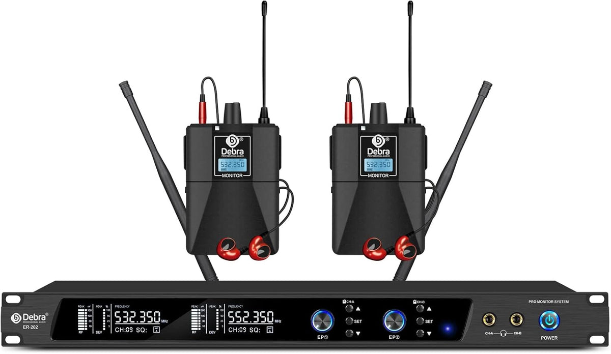 D Debra Audio Pro ER-202 monitor in ear inalámbrico UHF - Sistema de un canal para escenario y estudio - Dos bodypack con transmisor - RF y jack de 6,35 mm en negro