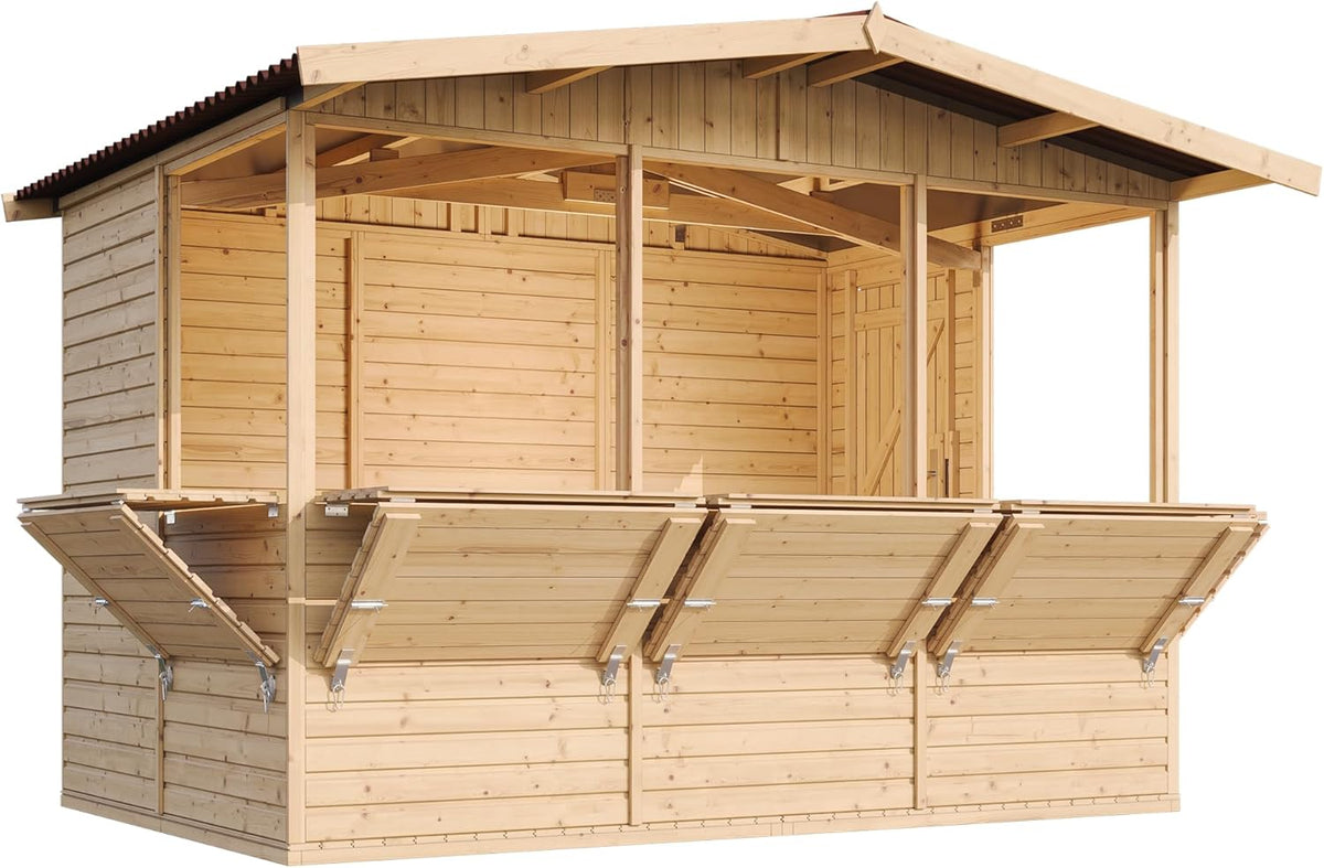 TIMBELA M150B caseta de madera con mostrador 6 m2 - Puesto de jardín con piso y cinco ventanas - Kiosco bar exterior de madera - Techo de betún resistente al agua