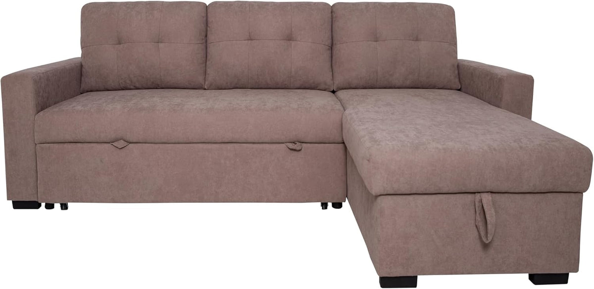Ojuel Sofá 3 plazas con chaise longue - Chaiselongue intercambiable con cama y arcón de almacenamiento - 220 x 155 x 96 cm - Beige con asiento y respaldo acolchados