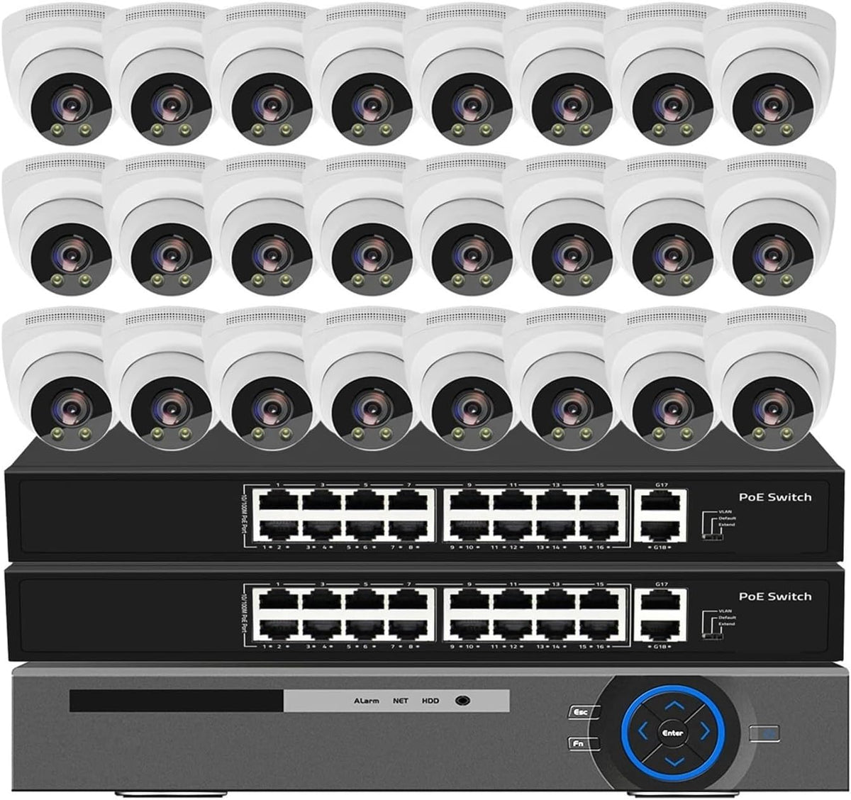 Sistema de videovigilancia PoE de 32 canales - 24 cámaras domo de 8 MP con vídeo 4K - detección humana mediante inteligencia artificial - audio bidireccional y visión nocturna color