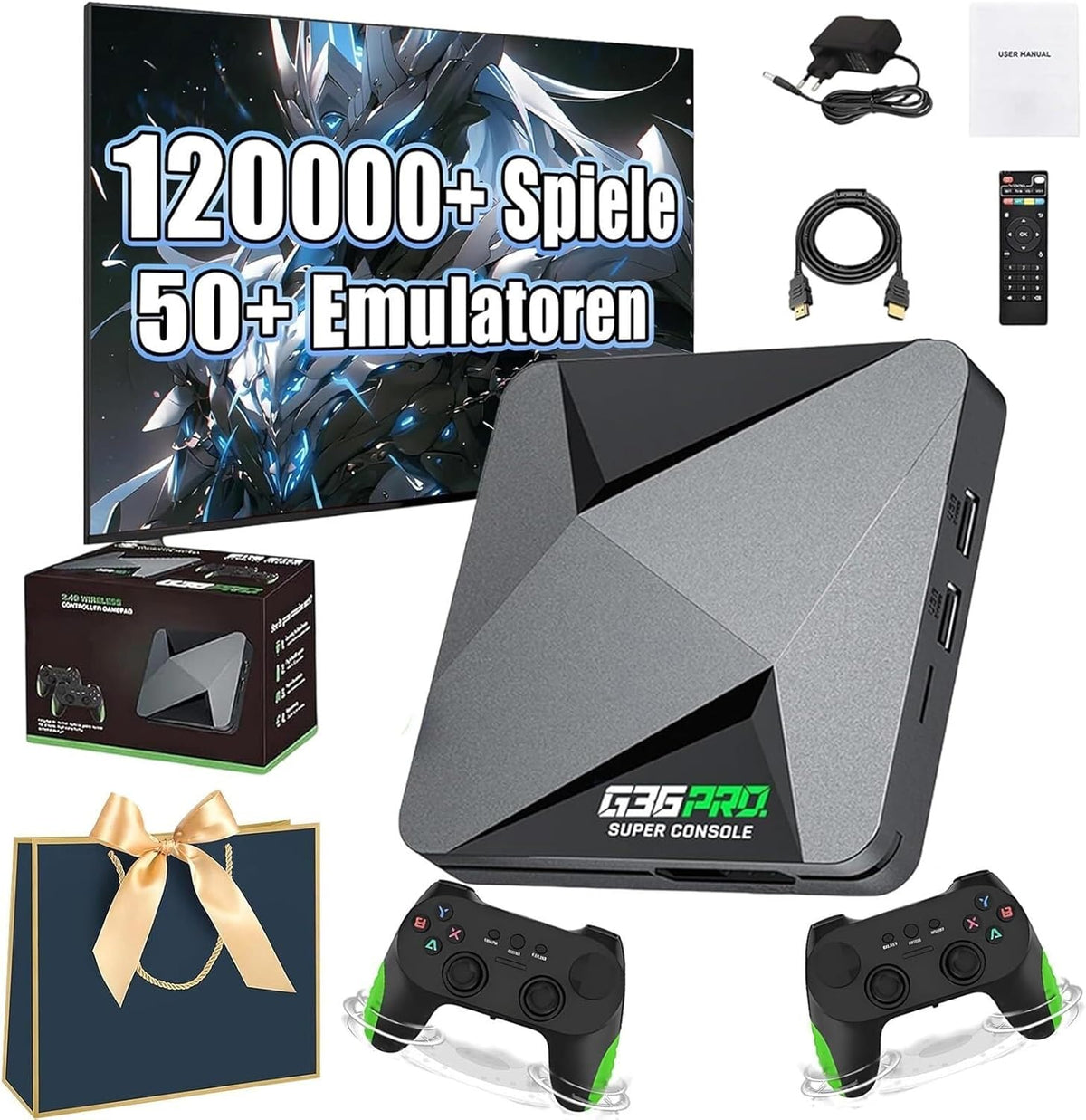 G36 Pro Consola retro 4K HD - 50 emuladores con almacenamiento de 256 GB - 2 mandos inalámbricos 2,4G y sistema Plug and Play - Compatible con TV PC y proyector