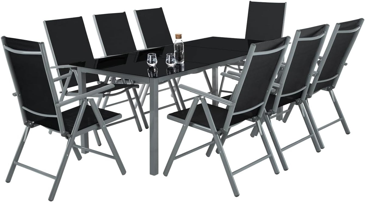TecTake Conjunto de jardín 9 piezas - Aluminio con mesa y sillas plegables reclinables de tela transpirable - 189 x 90 x 72,7 cm - Antracita resistente a la intemperie