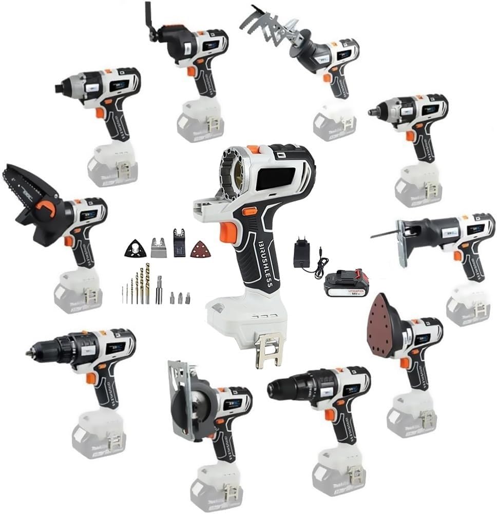 Kit herramientas eléctricas carpintería 10 en 1 - Batería ion litio 4 Ah y diseño multifunción - Taladro motosierra sierra circular - Destornillador y taladro impacto