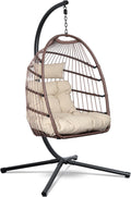 Swoods Silla Colgante Huevo Beige con Soporte - Sillón Columpio Cocoon para Interior y Exterior - Acero Galvanizado Ratán y Cojines Incluidos