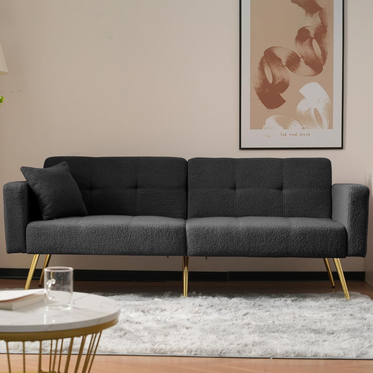 Kebnor Sofá cama 2 plazas - Ángulo ajustable con cojines y bolsillos laterales de almacenamiento - 175 x 64 x 72 cm - Gris oscuro con patas doradas y estilo elegante