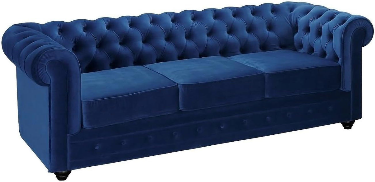 Vente unique Sofá Chesterfield 3 plazas - Tapizado de terciopelo con diseño clásico - 205 x 88 x 72 cm - Azul noche con asiento de 62 cm y capacidad máxima de 360 kg
