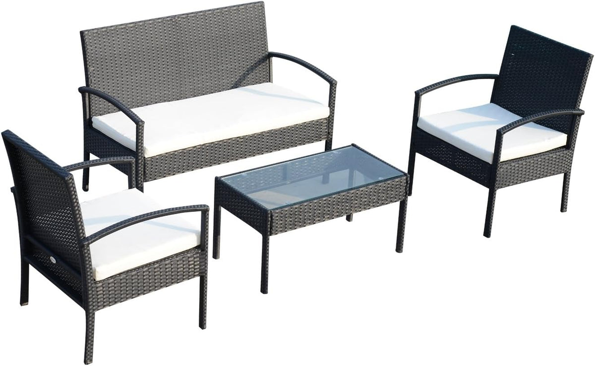 Outsunny Conjunto de jardín 4 plazas - Ratán con sofá banco 2 sillones mesa y cojines sobre marco de metal - Diseño rectangular - Mobiliario moderno para terraza y patio