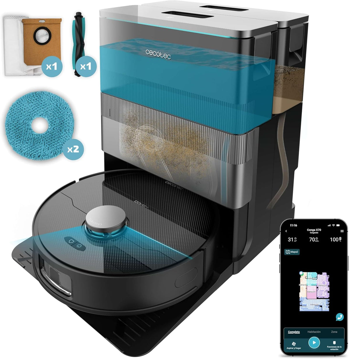 Cecotec Conga X70 Robot aspirador y friegasuelos - Succión 15000 Pa con inteligencia artificial y láser - Base 4 en 1 con autovaciado - Mopas giratorias App y filtro HEPA