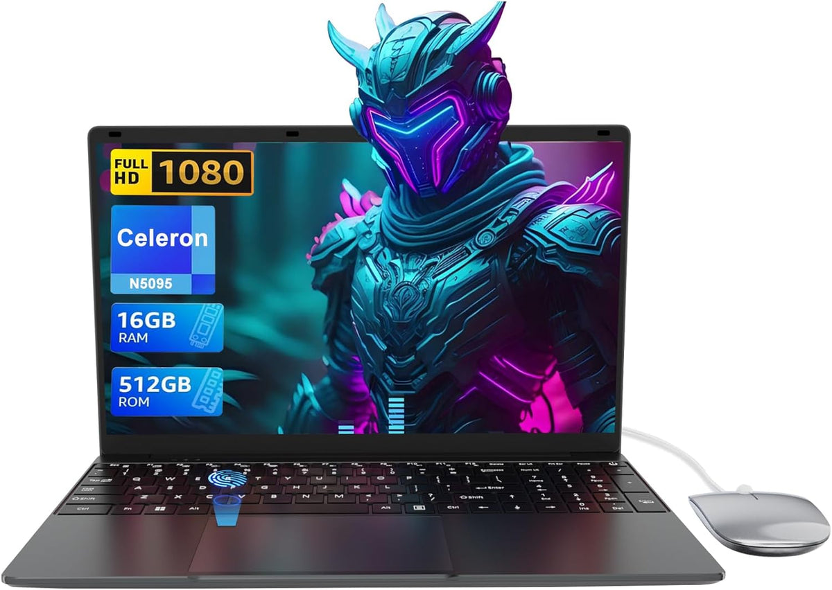 Portátil 15,6 pulgadas para estudiantes y oficina - Celeron N5095 con 16 GB LPDDR4 y SSD de 512 GB - Touch ID WiFi 5 Bluetooth 4.0 y USB 3.0 - Teclado retroiluminado y DOS