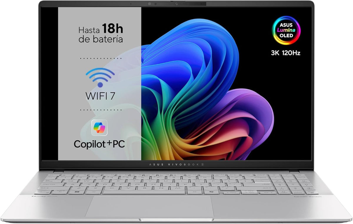 ASUS Vivobook S 15 OLED Copilot PC - Pantalla OLED 15,6 pulgadas WQHD 120 Hz - Snapdragon X con 16 GB RAM y SSD de 512 GB - Adreno Windows 11 Home plata