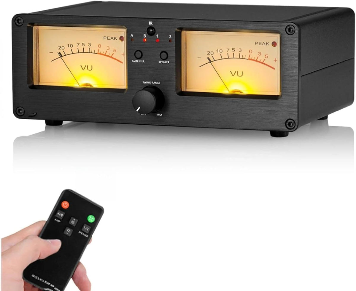 Medidor VU analógico doble con conmutador de audio - Selector de 2 vías para amplificadores - Pantalla dB con 4 niveles de retroiluminación - Mando a distancia y ajustes de ganancia