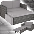 TecTake Sofá de ratán 2 plazas - Estructura de acero con taburete reposapiés y cojines gruesos - Resistente a la intemperie para jardín y terraza - Gris de estilo moderno