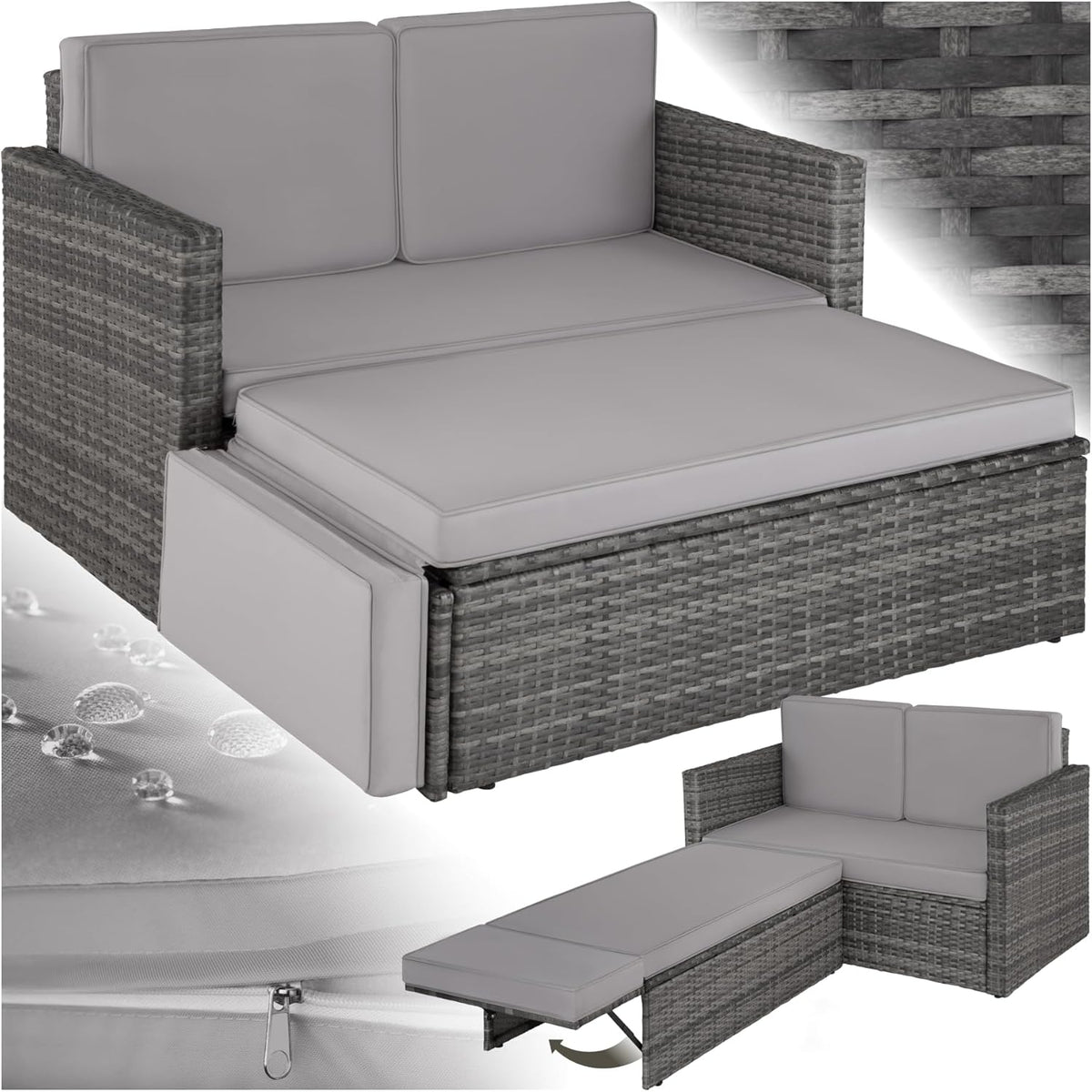 TecTake Sofá de ratán 2 plazas - Estructura de acero con taburete reposapiés y cojines gruesos - Resistente a la intemperie para jardín y terraza - Gris de estilo moderno