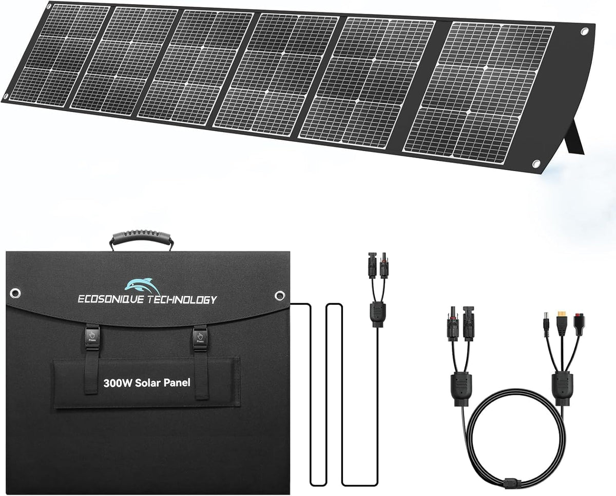 Ecosonique panel solar portátil 300 W - Silicio monocristalino de 40 V con conexión MC4 - Diseño plegable de 7 kg con soportes - Para centrales eléctricas camping y exteriores