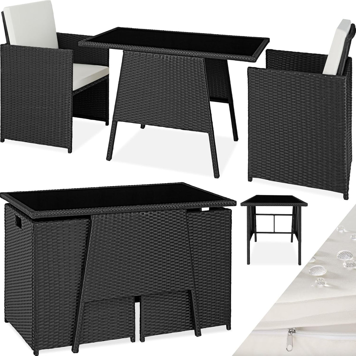 TecTake conjunto de jardín de ratán y aluminio - 2 sillas apilables con cojines - Mesa con cristal y fundas extraíbles - Resistente a la intemperie negro