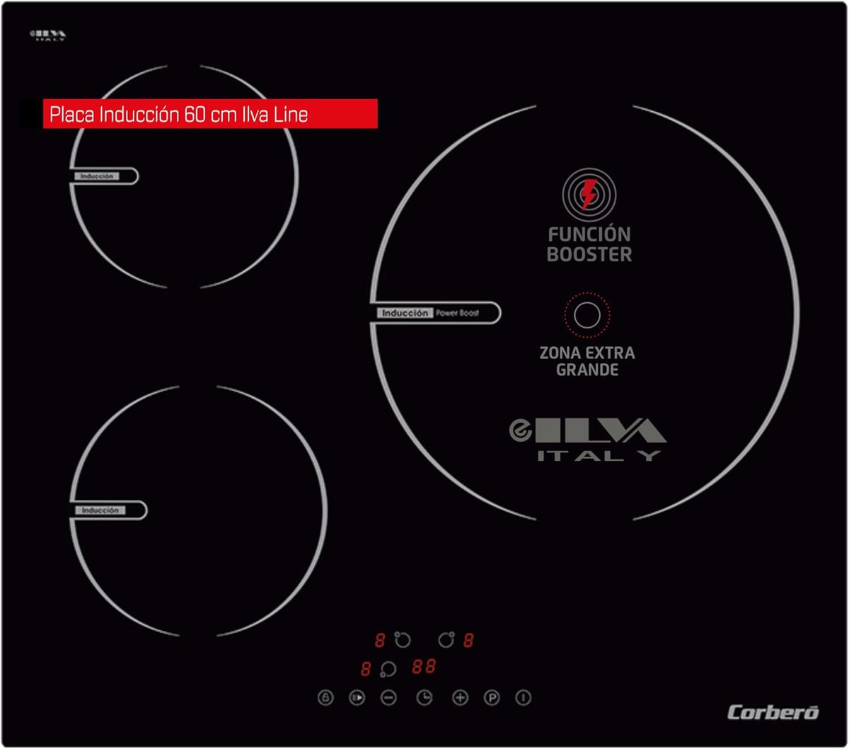 Corberó CCIG9322 placa de cocción - Tres zonas con potencia total de 6000 W - Zona grande de 30 cm y función Booster - Control táctil con temporizador de 99 minutos
