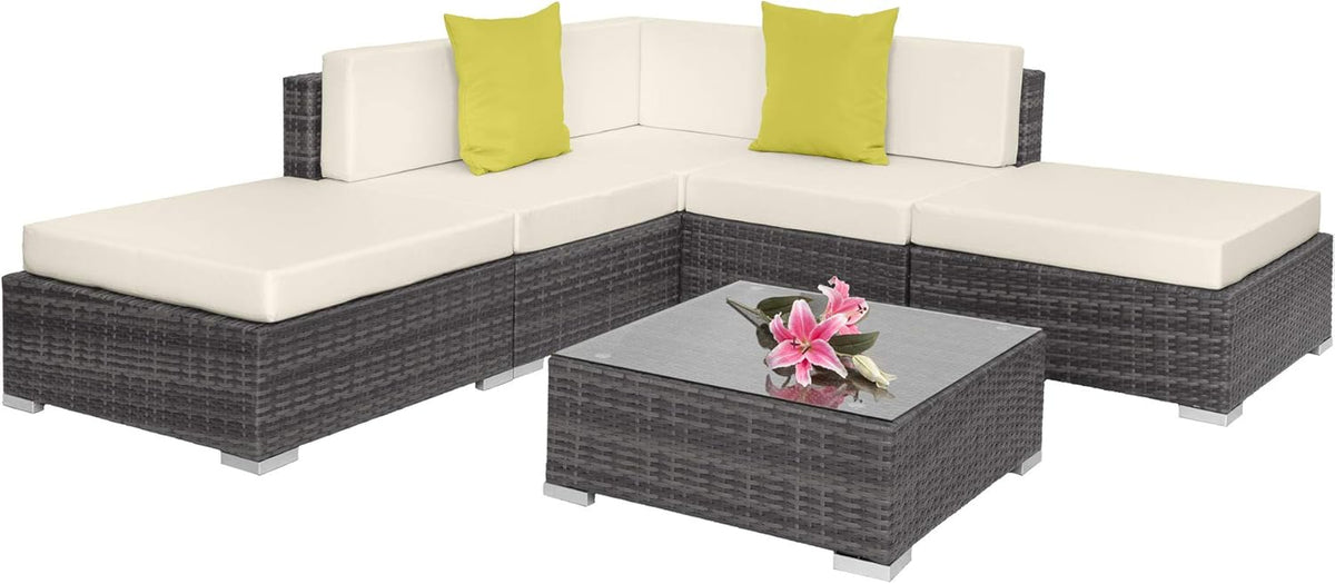 TecTake Conjunto de jardín de ratán y aluminio - 3 sillones puf y mesa de cristal con cojines de 10 cm - 214 x 214 x 60 cm - Gris moderno con fundas extraíbles