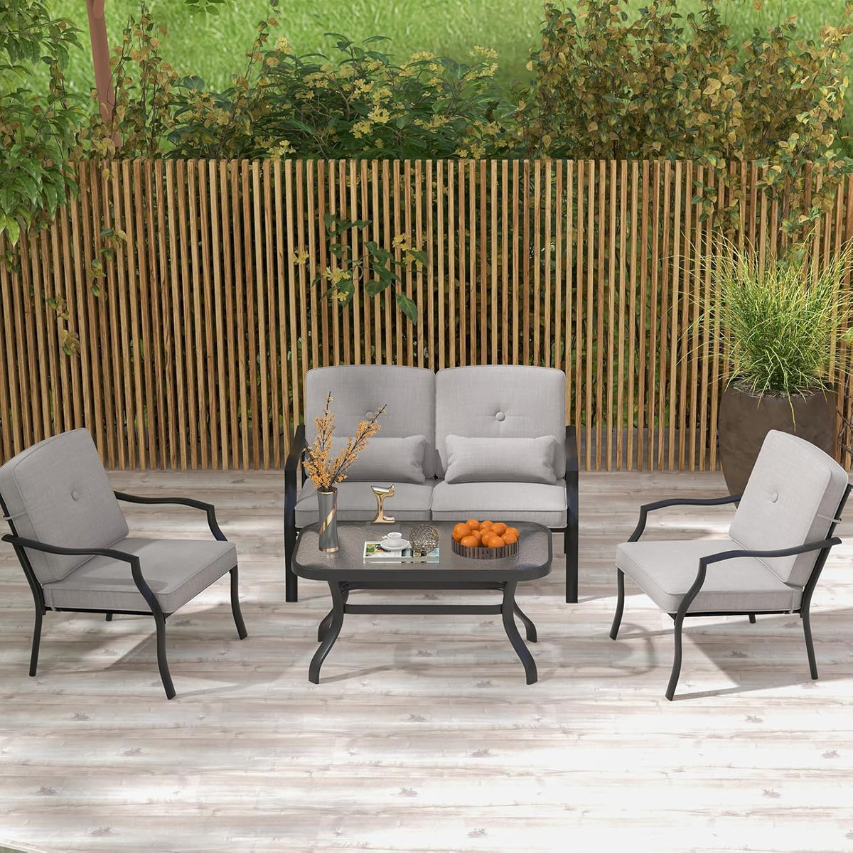 GIANTEX conjunto de jardín 4 piezas - Sofá de 2 plazas y 2 sillones con cojines - Mesa de centro con tablero de vidrio - Para patio y balcón gris