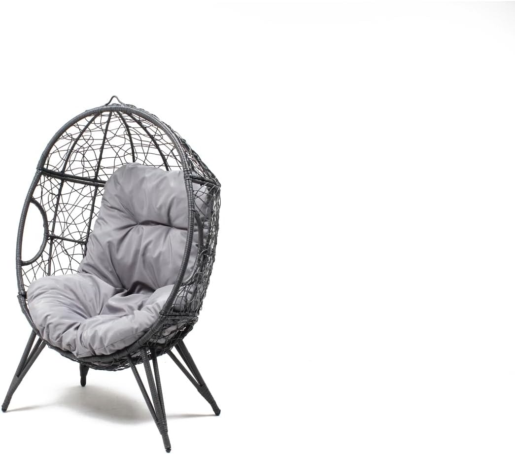Concepto Fábrica Sillón Huevo Beige con Pie de Resina Efecto Ratán - Diseño Jane con Estructura de Acero - Hamaca Columpio Exterior con Cojín Repelente al Agua