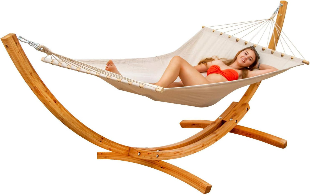 AMANKA - Hamaca doble de jardín 195 x 120 cm - Soporte de madera exterior 325 cm - Capacidad 2 personas hasta 150 kg color marfil