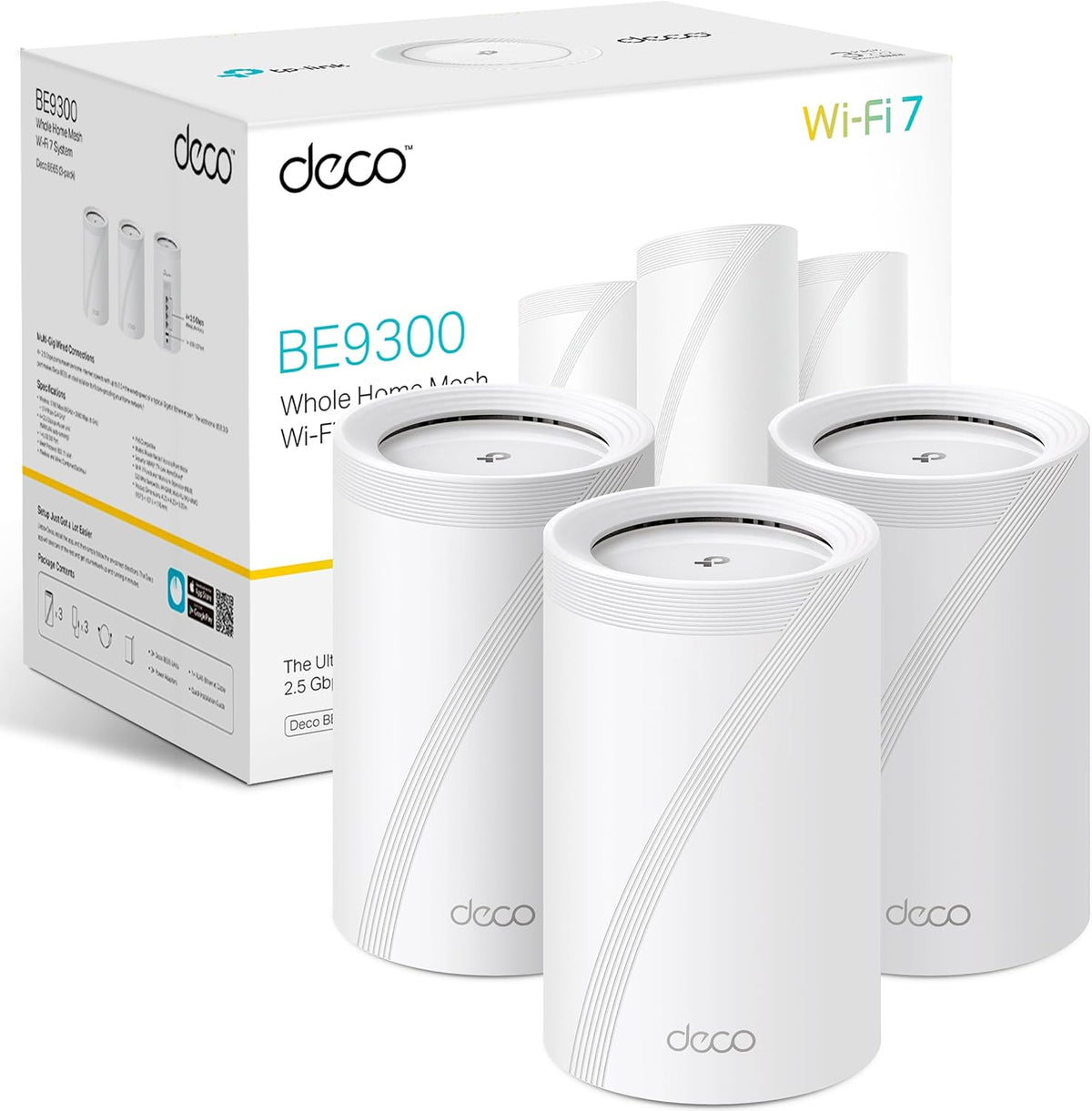 Sistema WiFi Mesh TP Link Deco BE65 - paquete de 3 unidades WiFi 7 BE9300 - tribanda con 6 GHz y 6 flujos - 4 puertos de 2,5 G y USB 3.0
