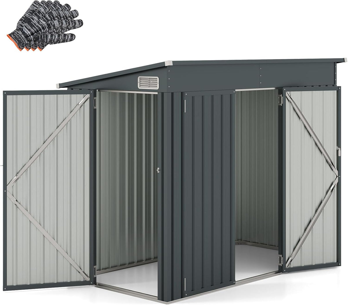 COSTWAY caseta de jardín exterior 235 x 117 x 185 cm - Cobertizo de metal galvanizado gris oscuro - 2 puertas y techo inclinado - Organizador resistente al agua
