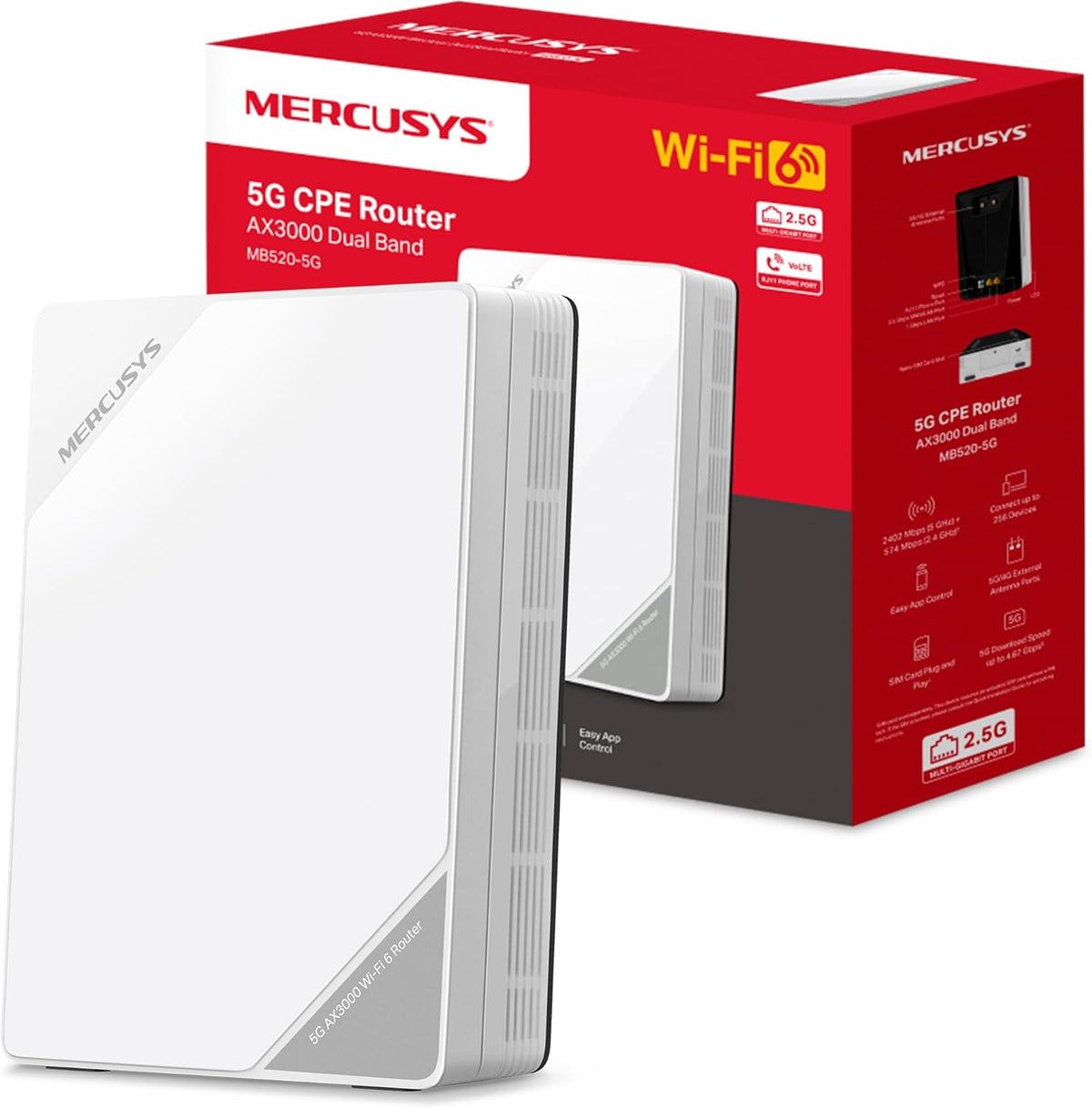 Router 5G Mercusys MB520 5G - WiFi 6 AX3000 de doble banda con módem integrado - puerto 2,5 Gbps y ranura Nano SIM - EasyMesh control parental y QoS
