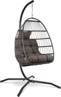 Silla Colgante Huevo de Jardín con Cojín y Almohadilla - Columpio Plegable Interior Exterior con Estructura Metálica - Carga 150 kg Gris Oscuro
