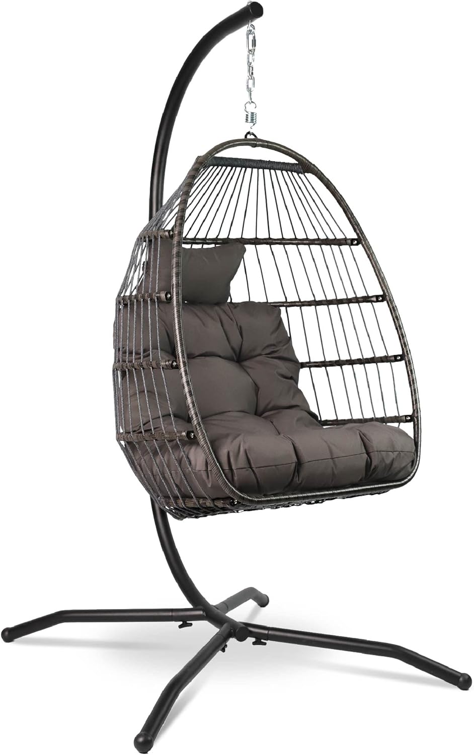 Silla Colgante Huevo de Jardín con Cojín y Almohadilla - Columpio Plegable Interior Exterior con Estructura Metálica - Carga 150 kg Gris Oscuro