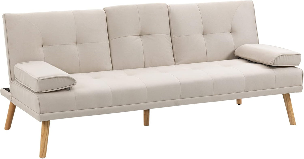 HOMCOM sofá cama 3 plazas - Respaldo ajustable con apertura clic clac - Mesa abatible con 2 portavasos - Beige 181 x 77 x 78 cm con reposabrazos desmontables