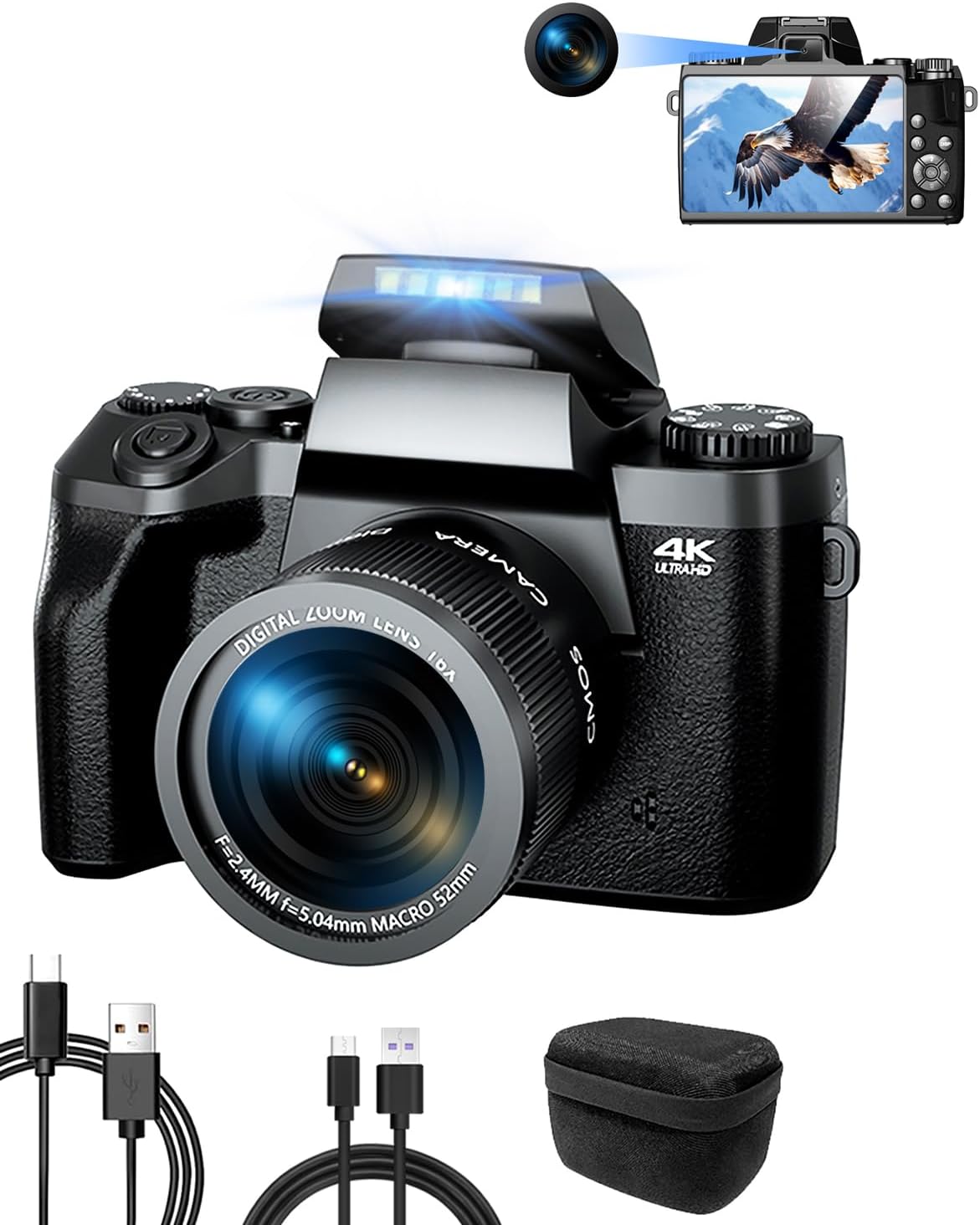 Cámara digital 4K Ade 64 MP - Pantalla táctil de 4 pulgadas y zoom digital 16x - Lente gran angular macro y cámara dual - WiFi y bolsa para cámara